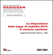 Le disposizioni della legge di stabilità 2016 in materia sanitaria